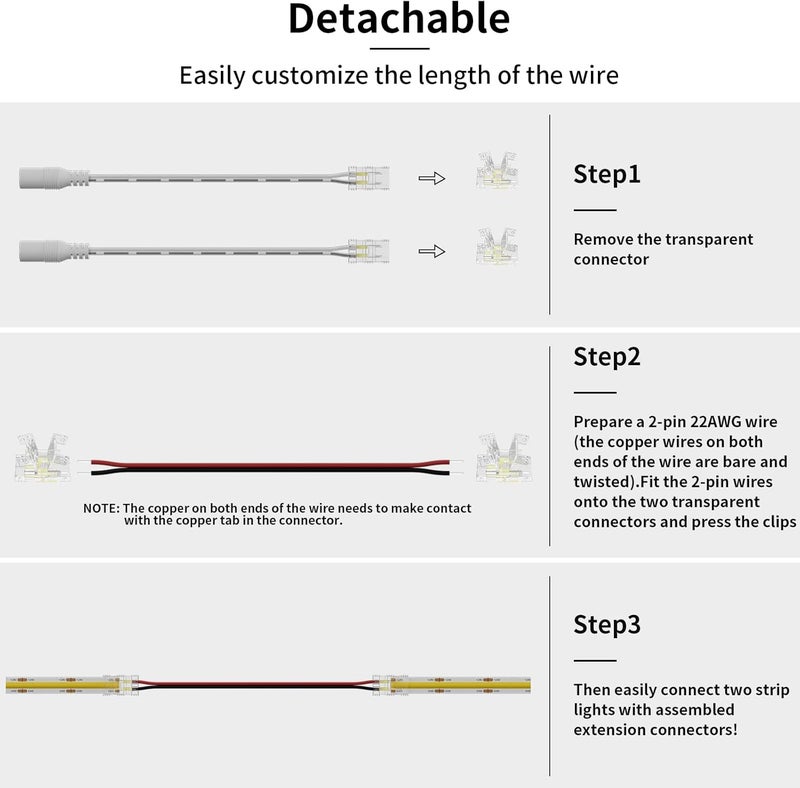 PAUTIX Strip to DC Female Plug Extension Connector 7.9in 8pcs,8mm Detachable Strip to Wire Connector,for 2-pin COB LED Strip Light 24V 12V 5 Volt,UL Listed 22 AWG Wires,NOT for 5mm 10mm or Other Size - Image 3